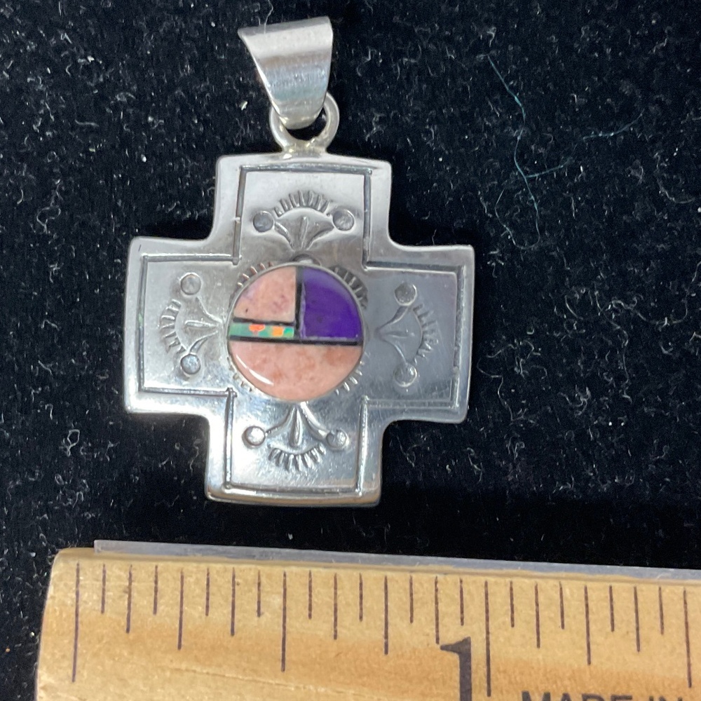 Sterling Silver Cross Pendant w/ Inlay Design - Picture 5 of 6